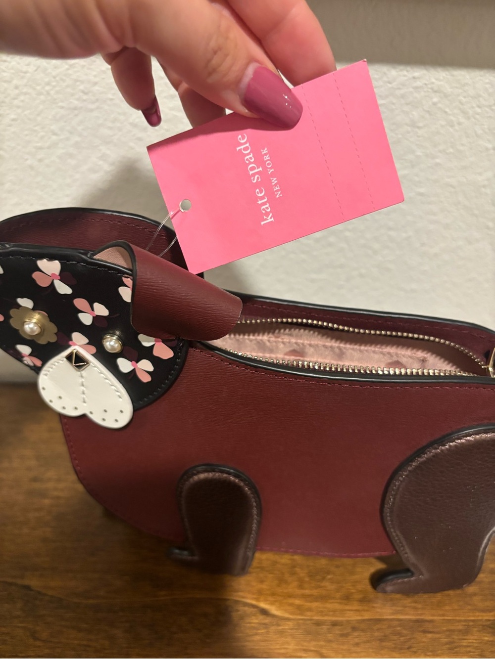 kate spade Burgundy and Brown Dog Crossbody Bag with Floral Face - Picture 9 of 13